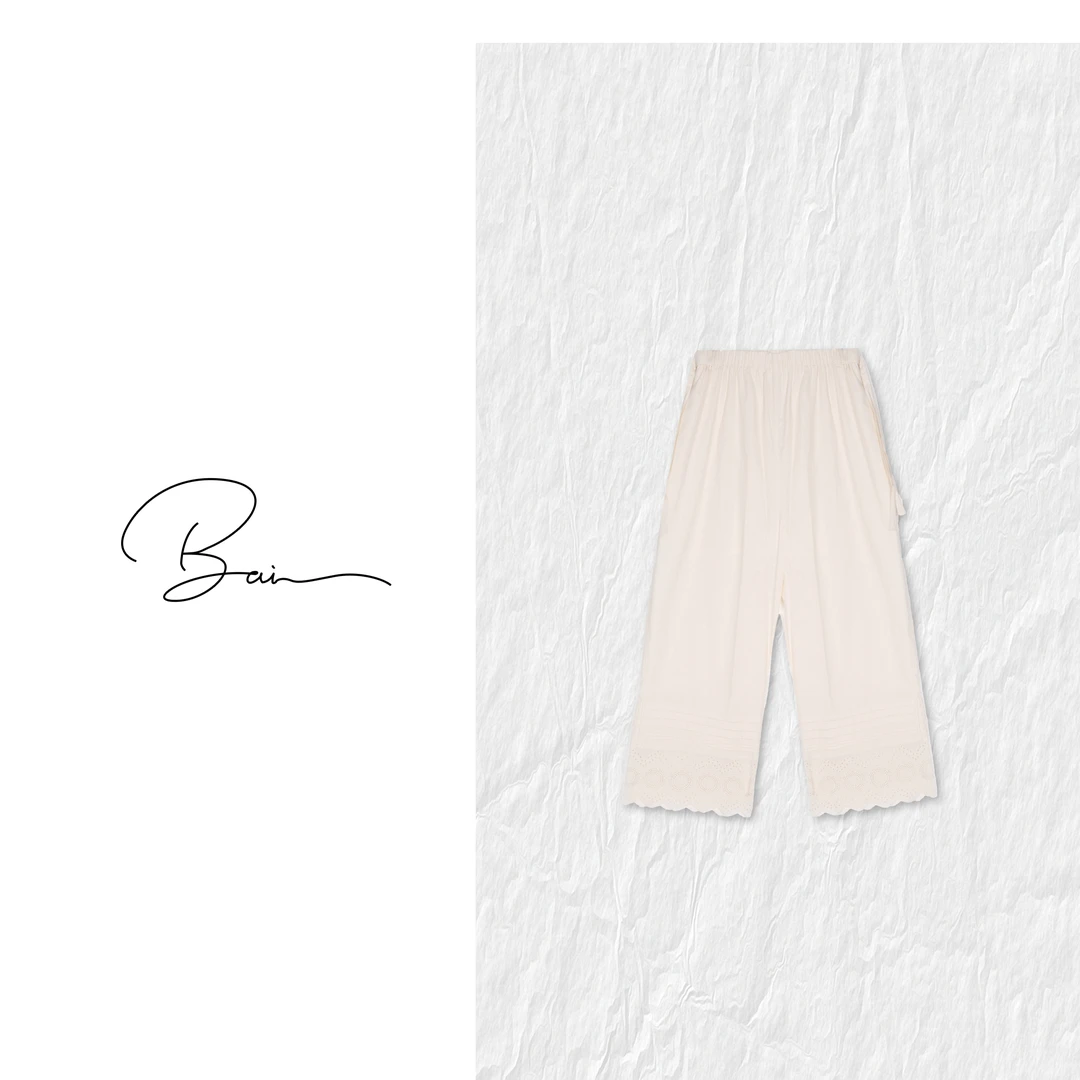 TXB 亚麻棉重工手工拼接花边侧边抽绳镂空刺绣休闲裤XB-7664