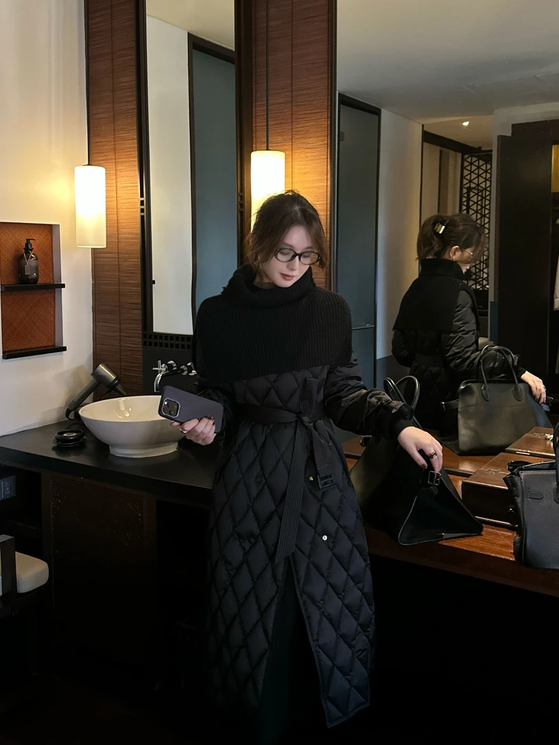 C313471M菱格常规厚款长袖羽绒服高领中长款韩版加厚白鸭绒上衣