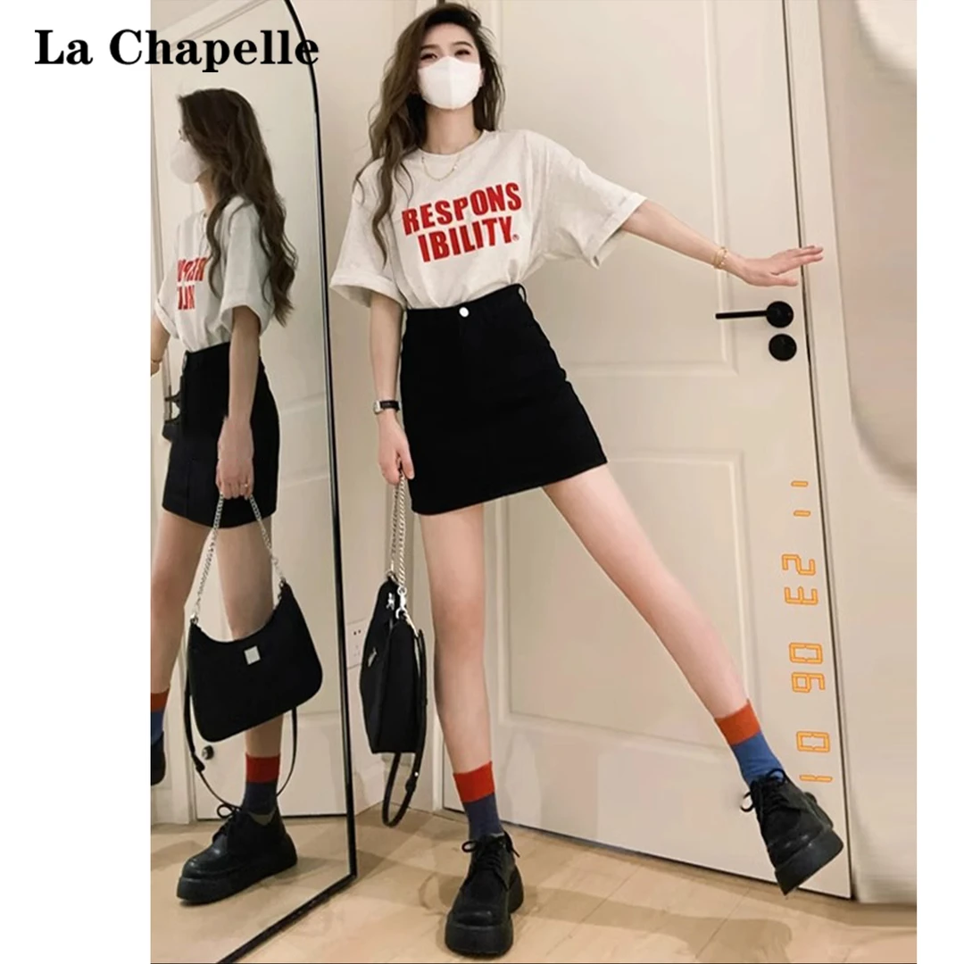 拉夏贝尔黑色牛仔短裙女2025夏季防走光内高腰夏季韩版A字半身裙