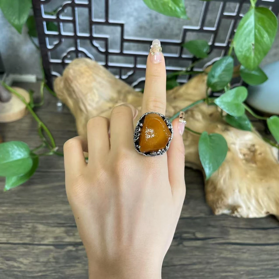 LYliuyng海漂原石琥珀蜜蜡纯手工银镶嵌不规则戒指原皮蜜蜡银戒指