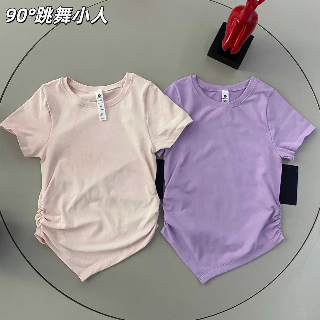 圆领短袖t恤女春夏秋季高级感纯色简约修身显瘦侧边褶皱设计上衣