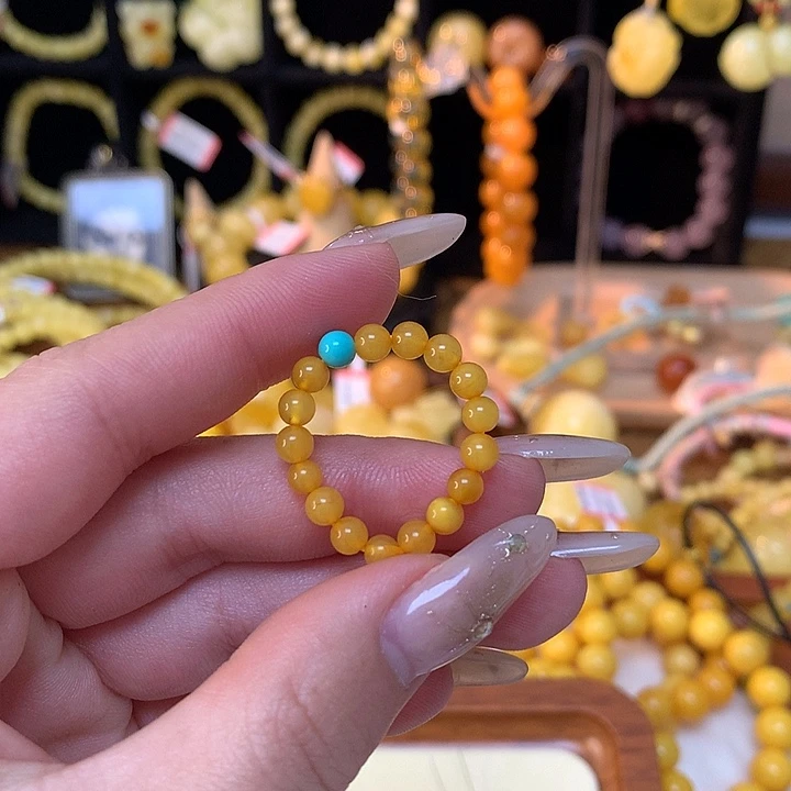 琥珀手链未镶嵌涵**?蜜蜡圆珠戒指