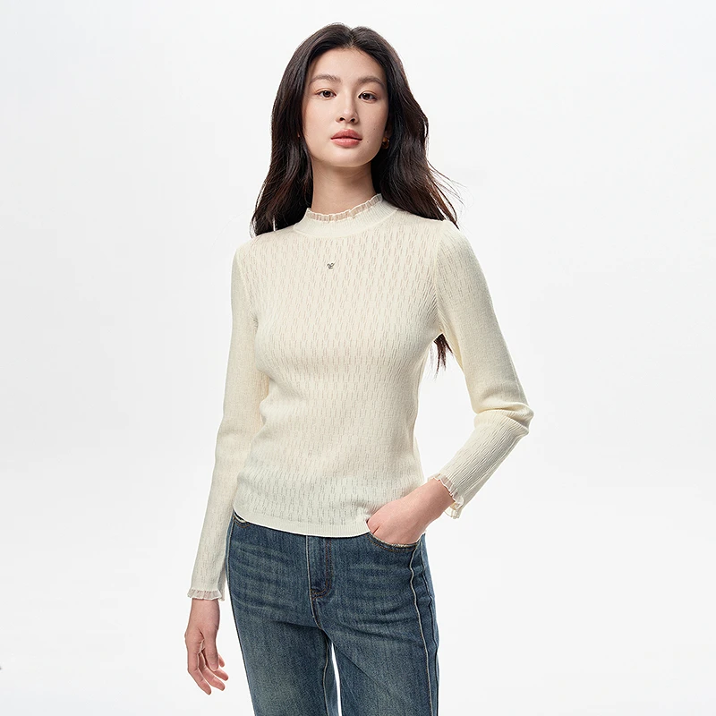 珂莱蒂尔25秋新款100%羊毛百搭小立领内搭打底针织衫女KZ03960V1