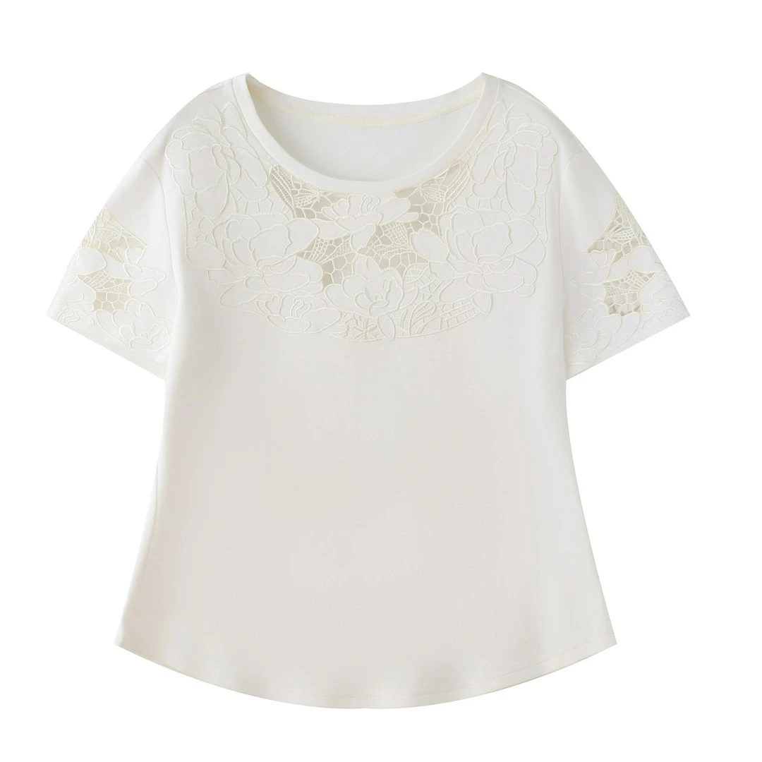 2025年新款夏季玫瑰花苞刺绣镂空短袖T恤女XI8001