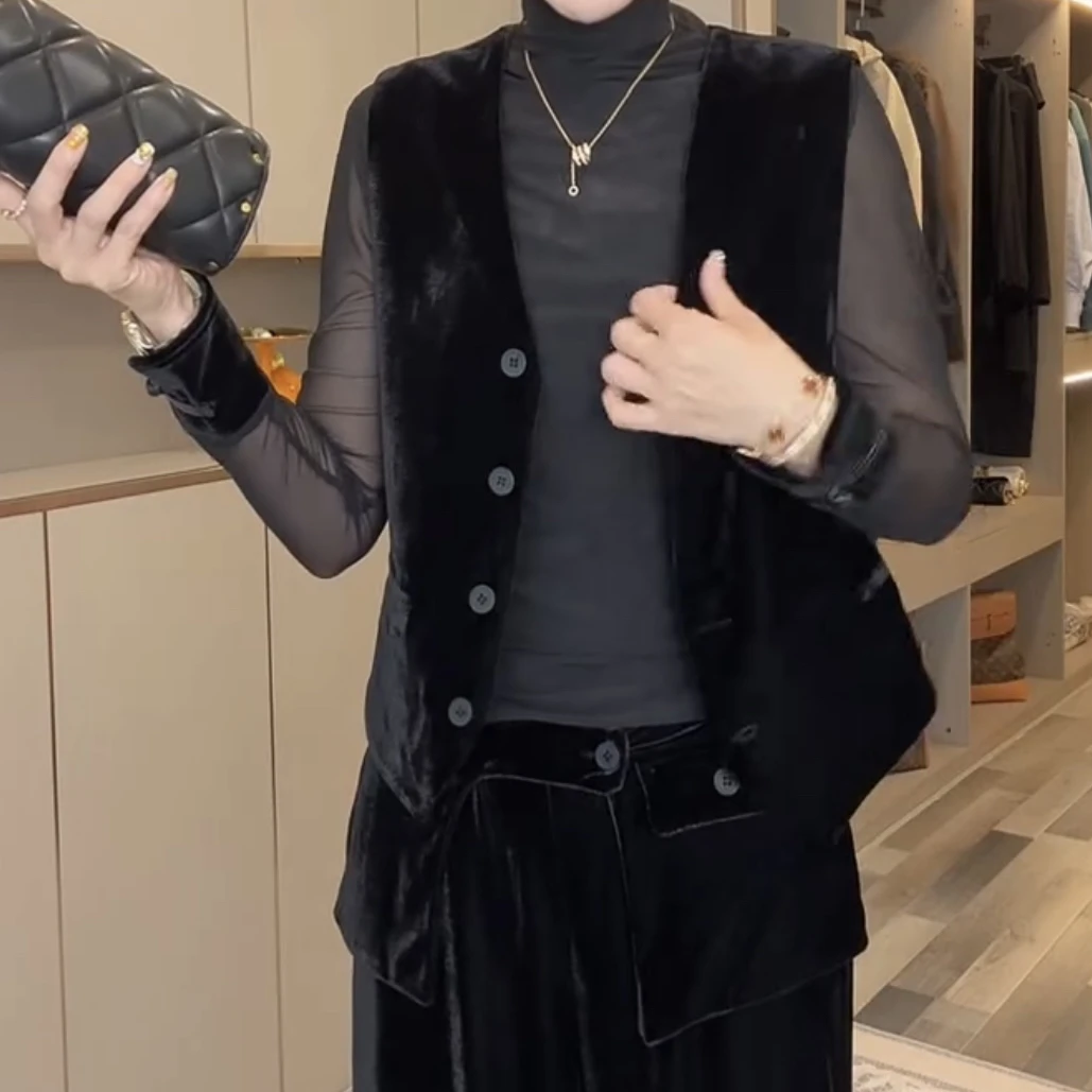 T恤女士半高领内搭半开领背心马甲修身拼接套装高领长袖裤子套装m