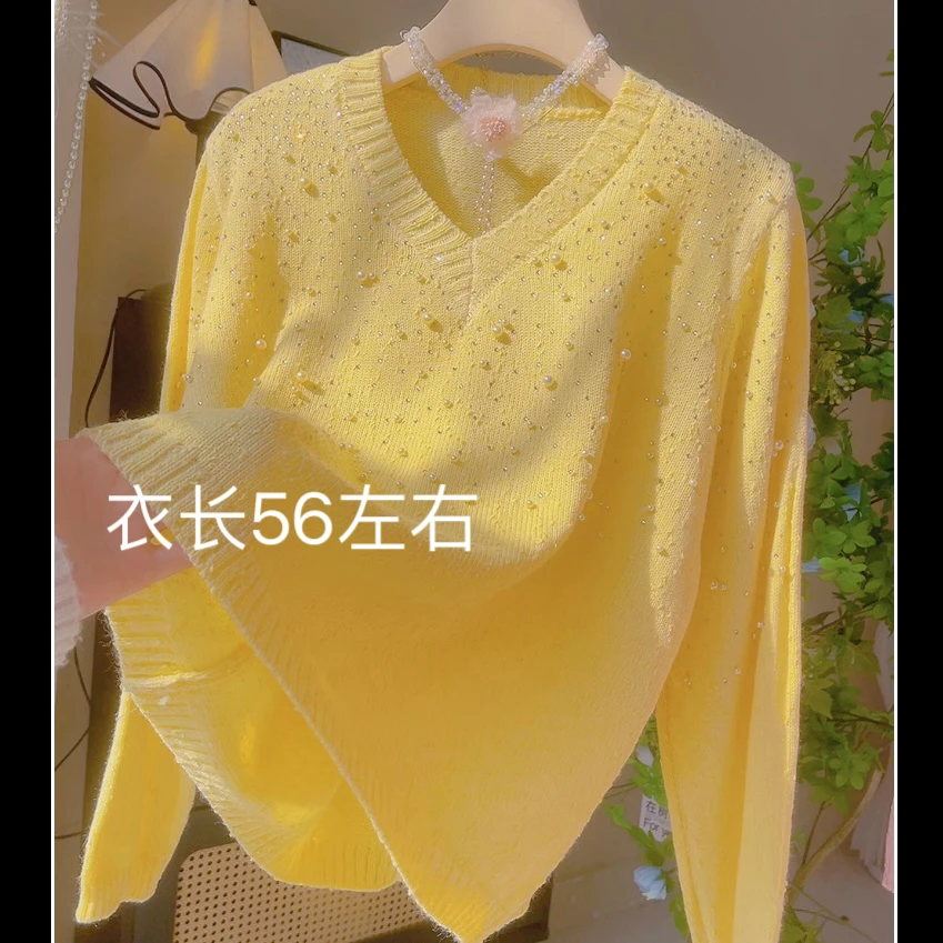 美-V领的重工订珠烫钻欧货高档针织上衣春秋新款洋气针织衫