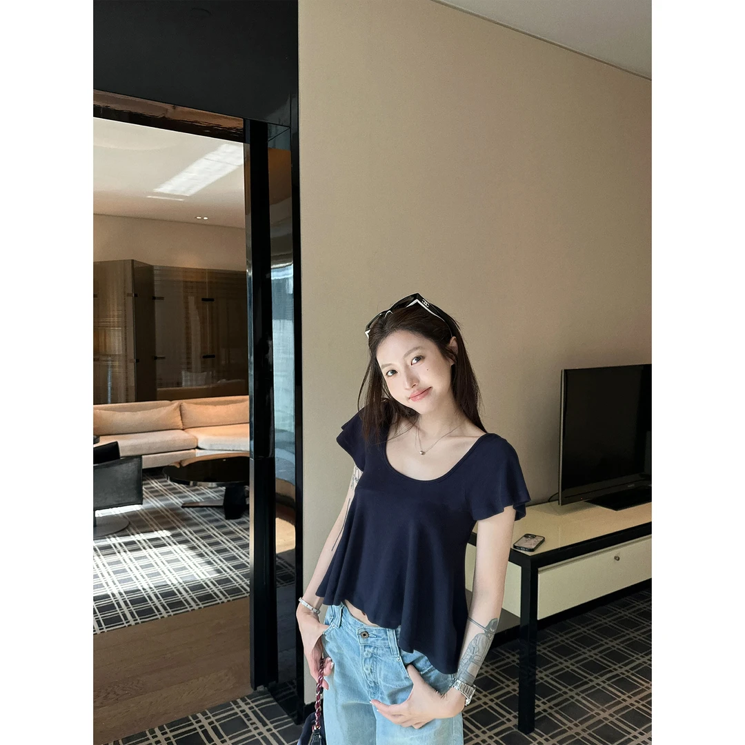 U领褶皱短袖T恤女夏季设计感宽松显瘦上衣C  8949#