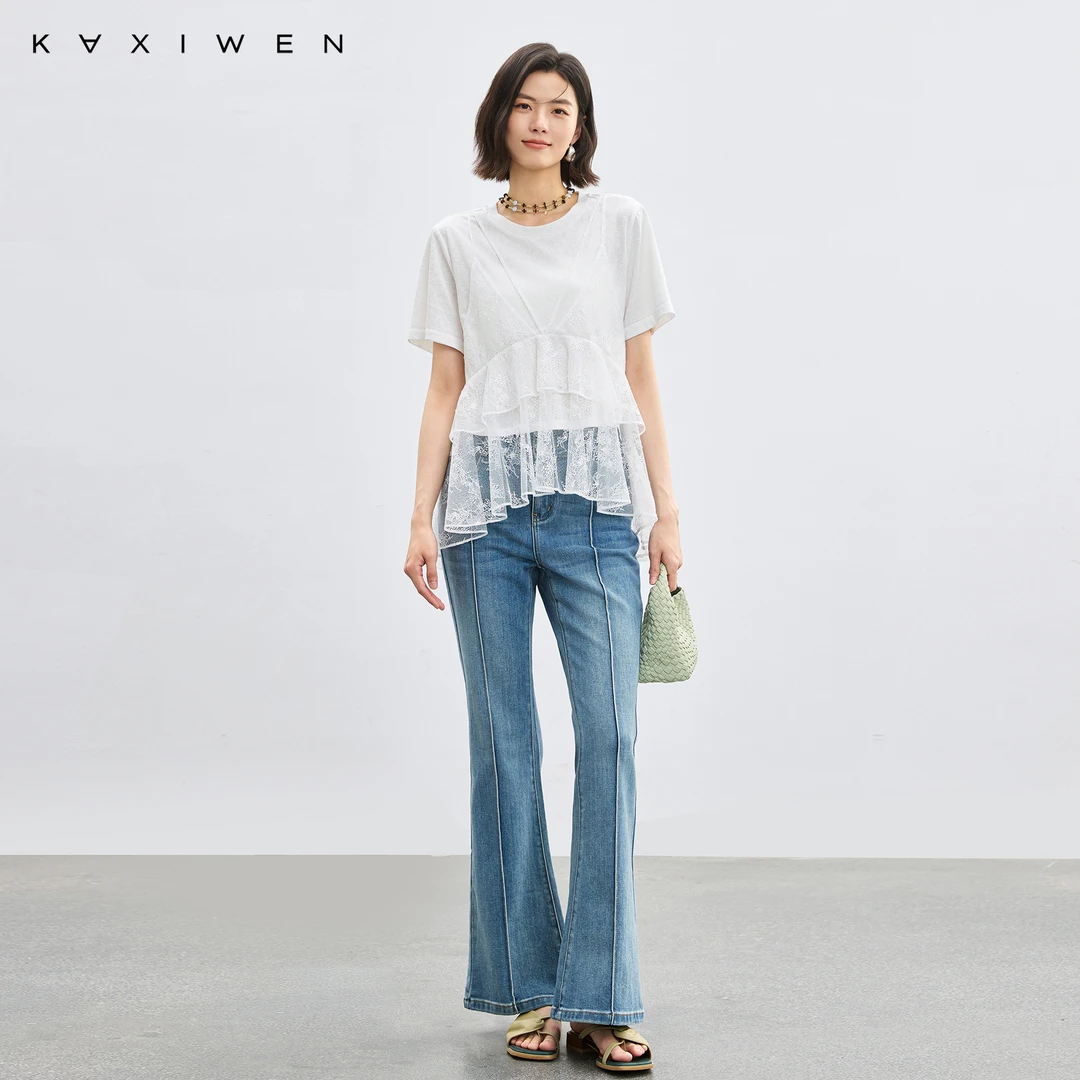 佧茜文假两件蕾丝拼接T恤【夏新】时尚休闲圆领上衣女D06AXW6277