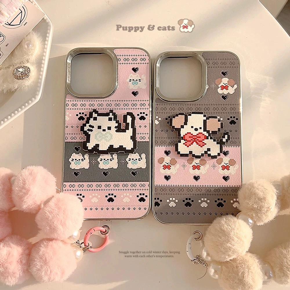 费尔岛卡通猫咪苹果16手机壳14promax皮质15适用13毛绒手绳11立体