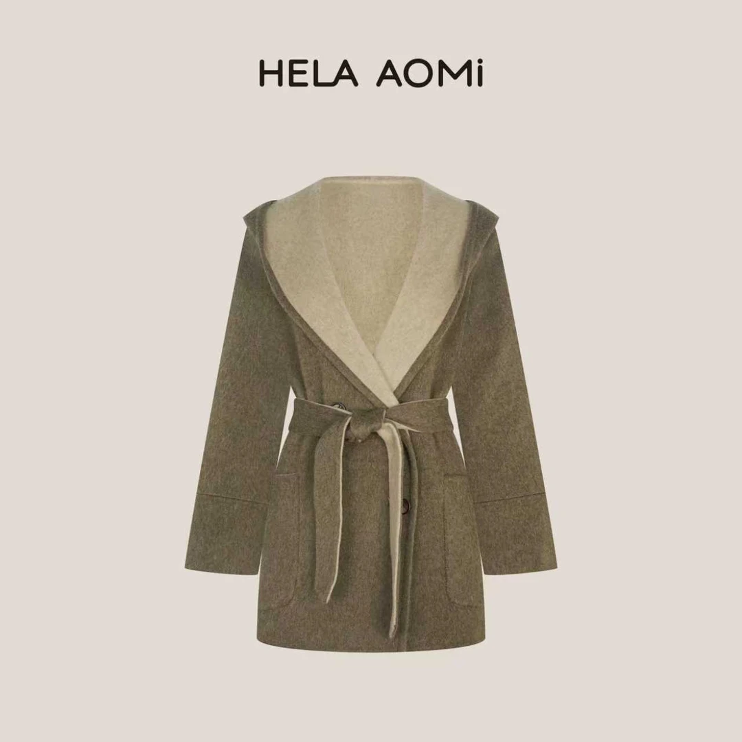 HELA AOMI“0压系列.双面穿”绵羊毛93.4%山羊绒连帽撞色外套