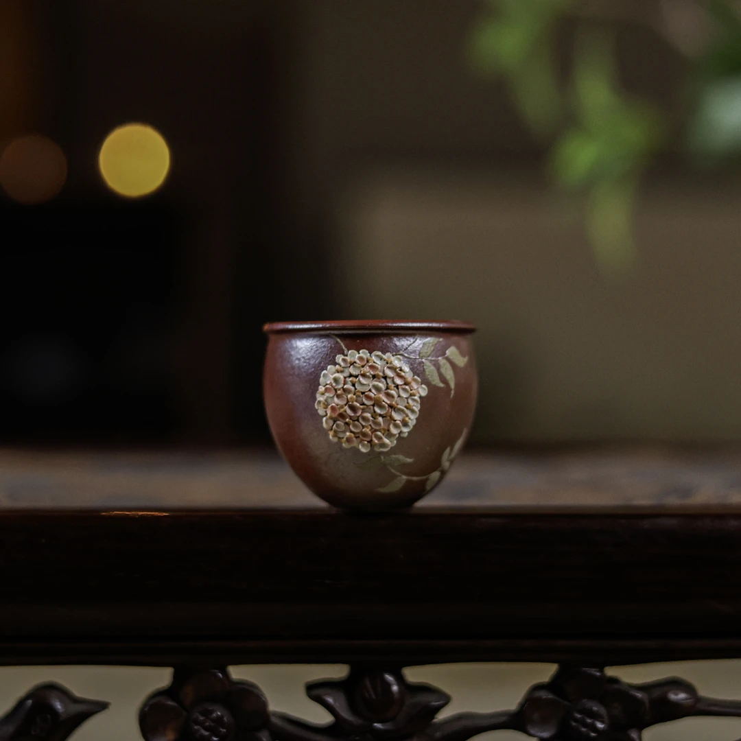 【小田甄陶】绣球花-观羽柴烧-朱泥小杯-60ML（观羽0566）
