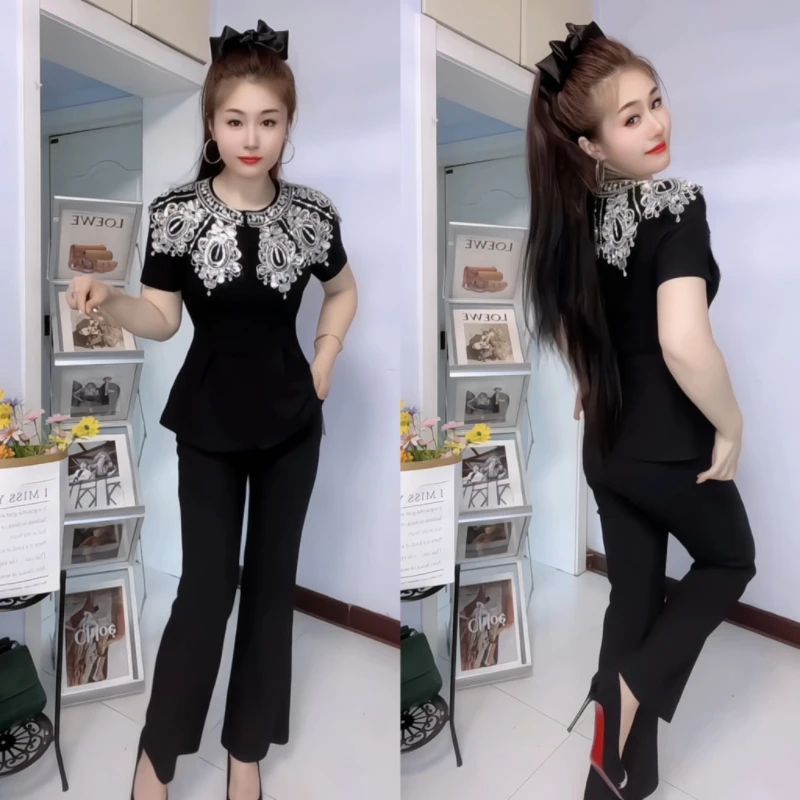 法式轻奢设计感钉珠亮片刺绣上衣长裤套装