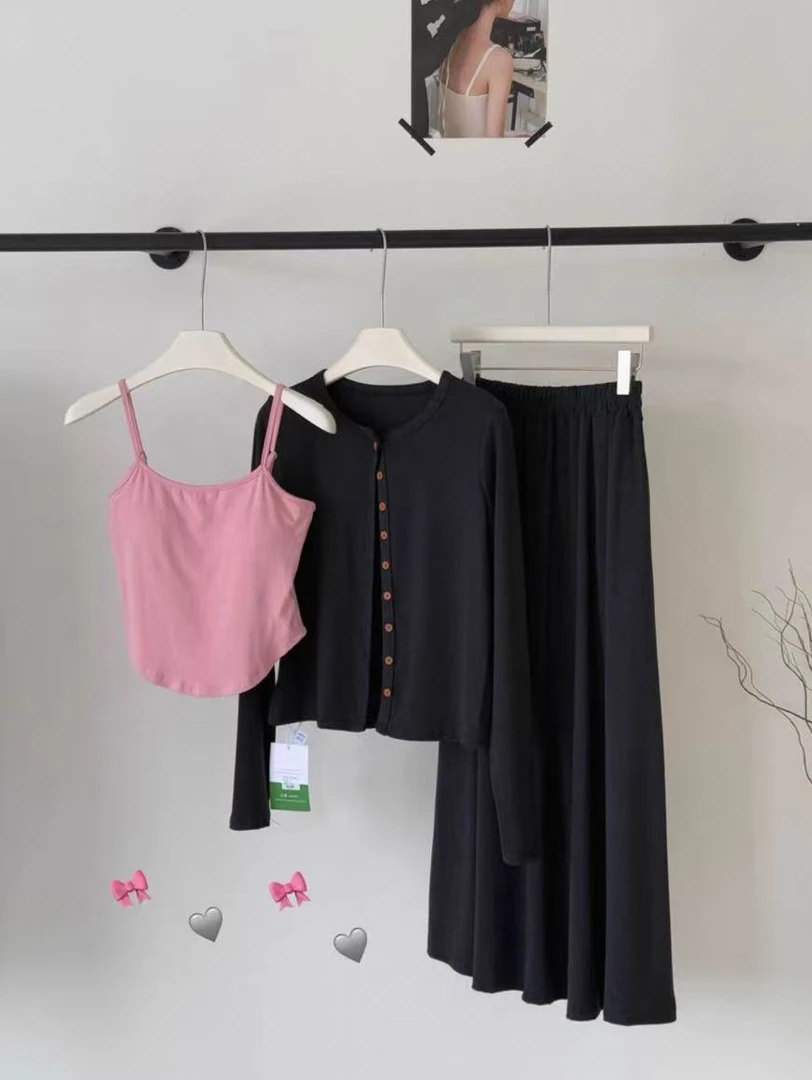 韩系慵懒吊带+开衫+半身裙三件套34688 裙子有口袋，吊带有垫