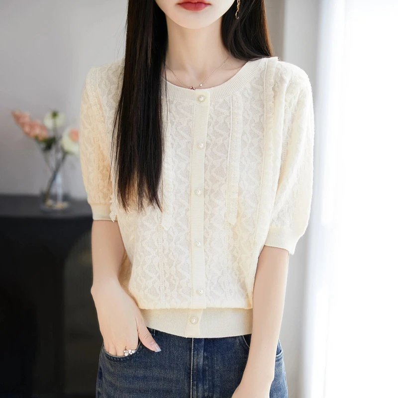轻薄透气！夏蕾丝花边短袖假开衫时尚显瘦T恤女圆领针织短袖NS5071