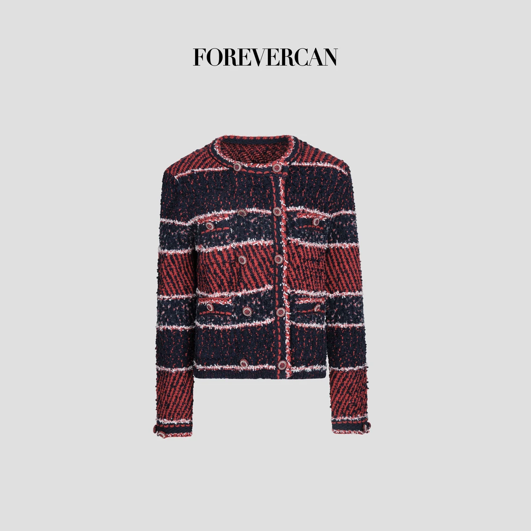 FOREVERCAN“万紫千红”客订美丽诺羊毛兔毛条纹撞色开衫外套MY4491