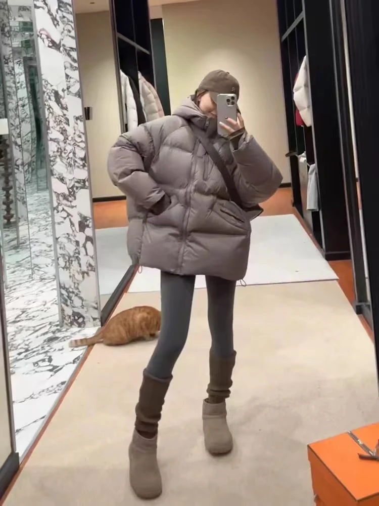 纯色双拉链连帽宽松羽绒服