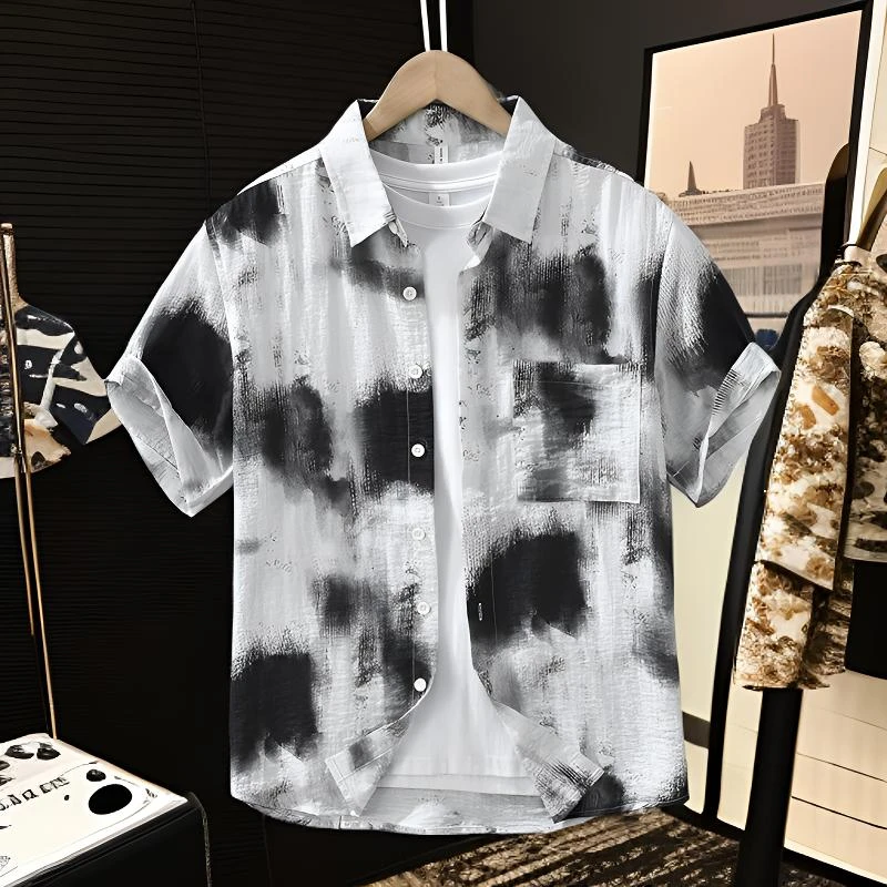 轻奢日系潮流扎染水墨短袖衬衫男士凉感透气百搭文艺休闲宽松上衣