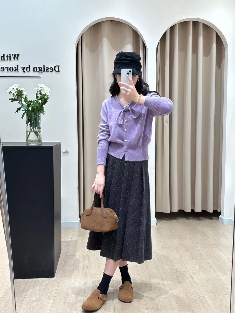 2025秋季新款小香风紫色开衫毛衣女慵懒风短款针织外套半身裙套装