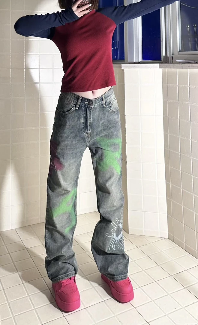 高街潮牌抽象涂鸦牛仔裤宽松直筒阔腿水洗磨白长裤春秋