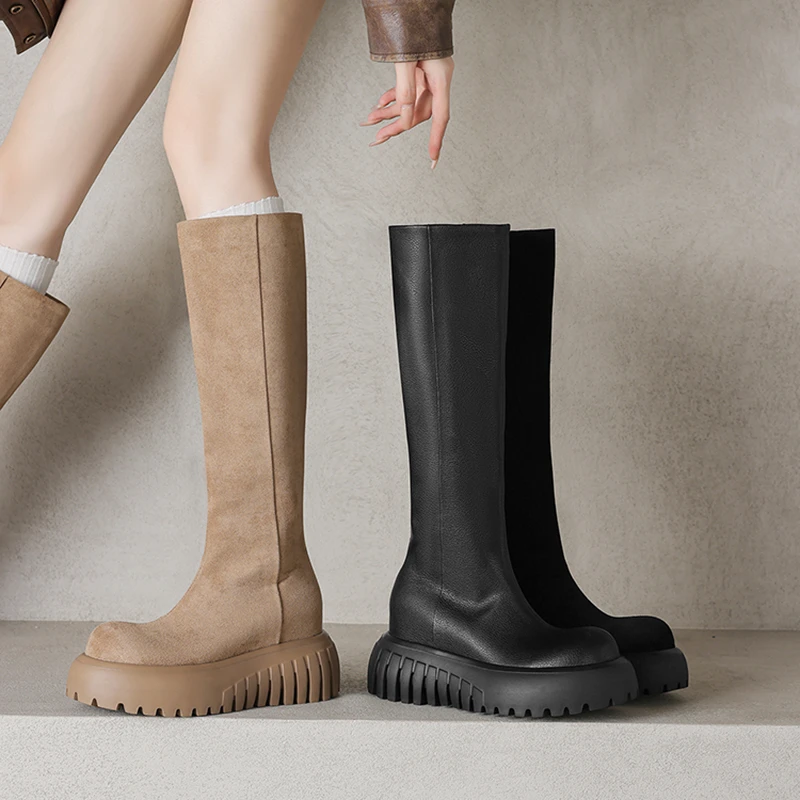厚底内增高弹力瘦瘦靴女真皮秋冬新款小个子圆头显瘦百搭骑士靴