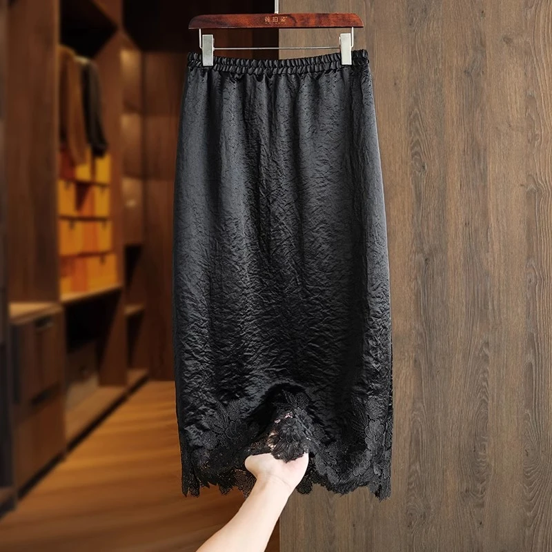 夏季醋酸缎面半身裙女蕾丝拼接显瘦高腰黑色开叉气质百搭中长裙