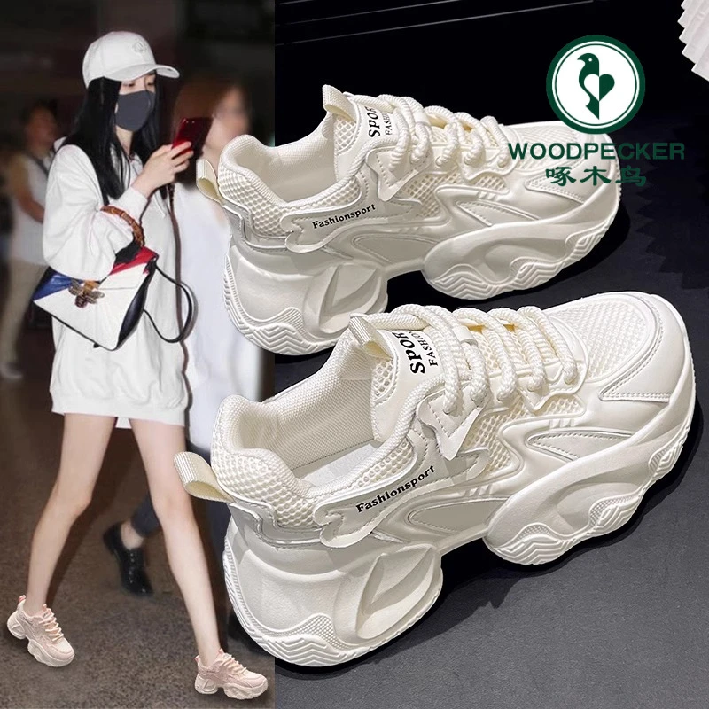 啄木鸟厚底老爹鞋女鞋子2025新款夏季百搭网面透气休闲运动单鞋