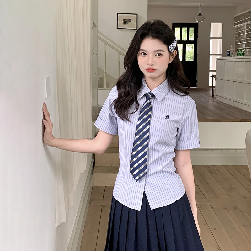 东京岁时记JK制服修身衬衫收腰女士短袖条纹上衣2025新款风琴记号