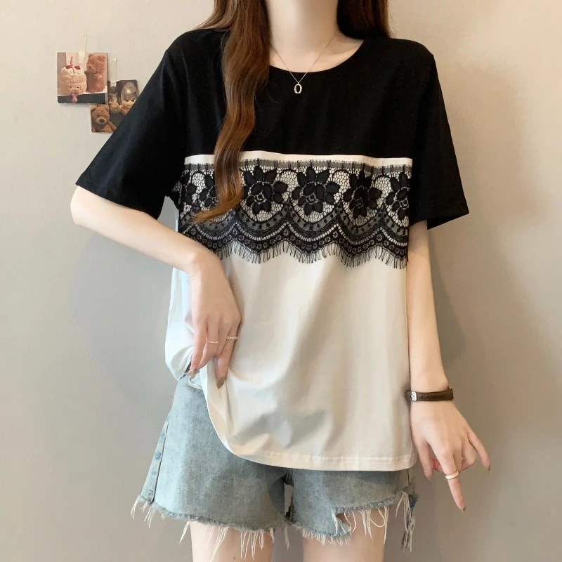 大码撞色蕾丝花边拼接短袖T恤女夏季微胖MM宽松显瘦洋气减龄上衣