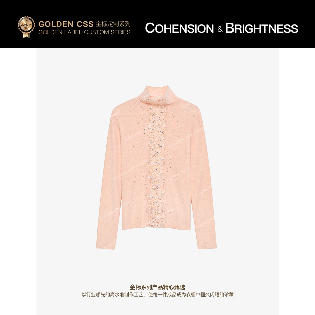 凝慧【花海爱河】进口羊绒蕾丝拼接烫钻镂空纯欲风高领针织衫JT011