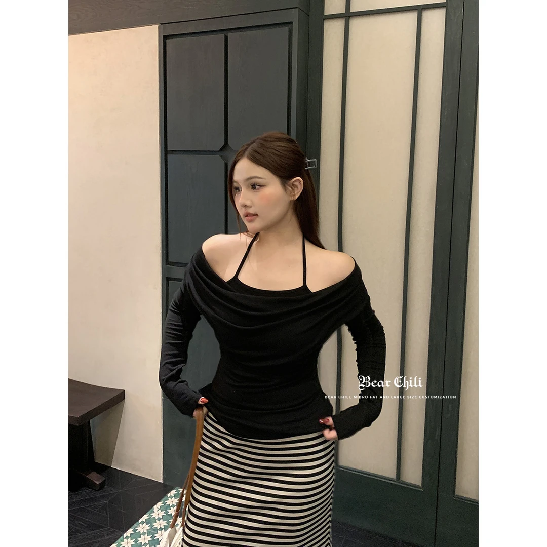 Bear Chilii黑色挂脖假两件褶皱长袖秋季辣妹风修身打底衫上衣女
