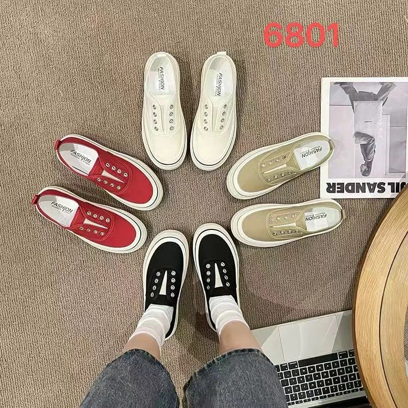 【6801】夏季小香风一脚蹬厚底帆布休闲鞋小白鞋百搭帆布鞋（跟高4）