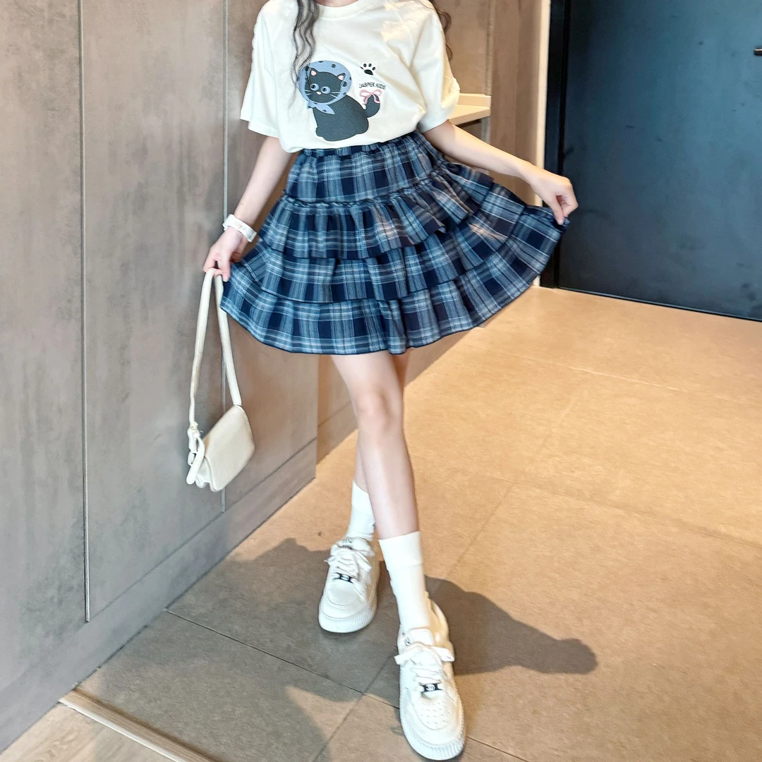 女童夏款韩版时髦洋气短裙2025夏款儿童学院风蛋糕裙中大童半身裙