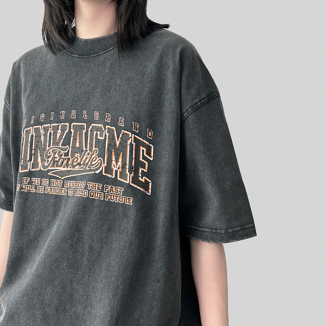 美式复古水洗街头字母圆领T恤短袖