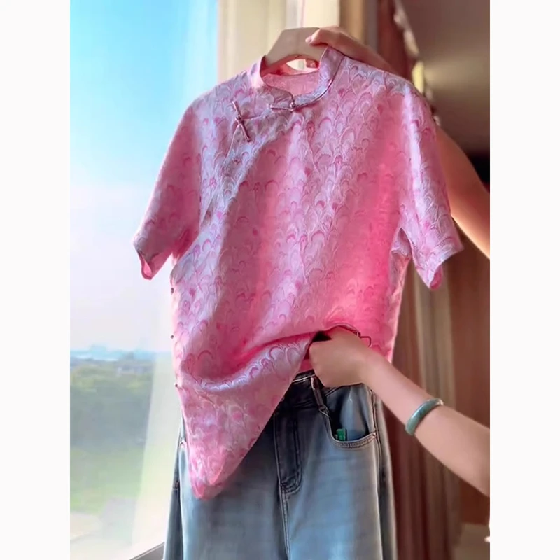 新中式国风轻奢减龄粉色提花上衣女2025夏季新款高级小众气质短袖
