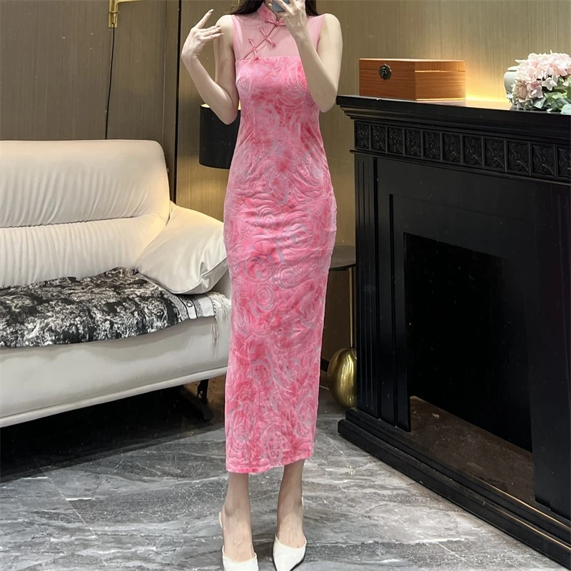 气质女人味轻奢立领无袖烧花扎染花间酒畔显瘦性感包身开衩连衣裙