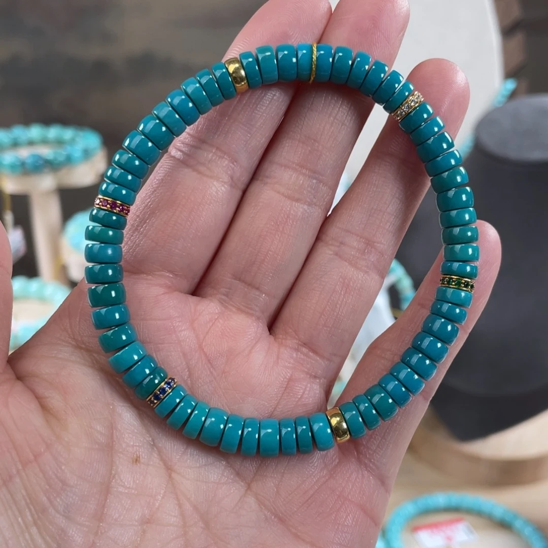 绿松石18K金镶嵌套链6.2精品玉化直切手串