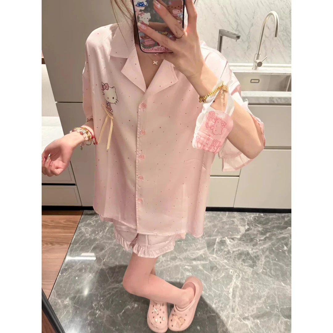 【波点kitty猫】网红同款韩系冰丝短袖睡衣女夏款短裤套装家居服女