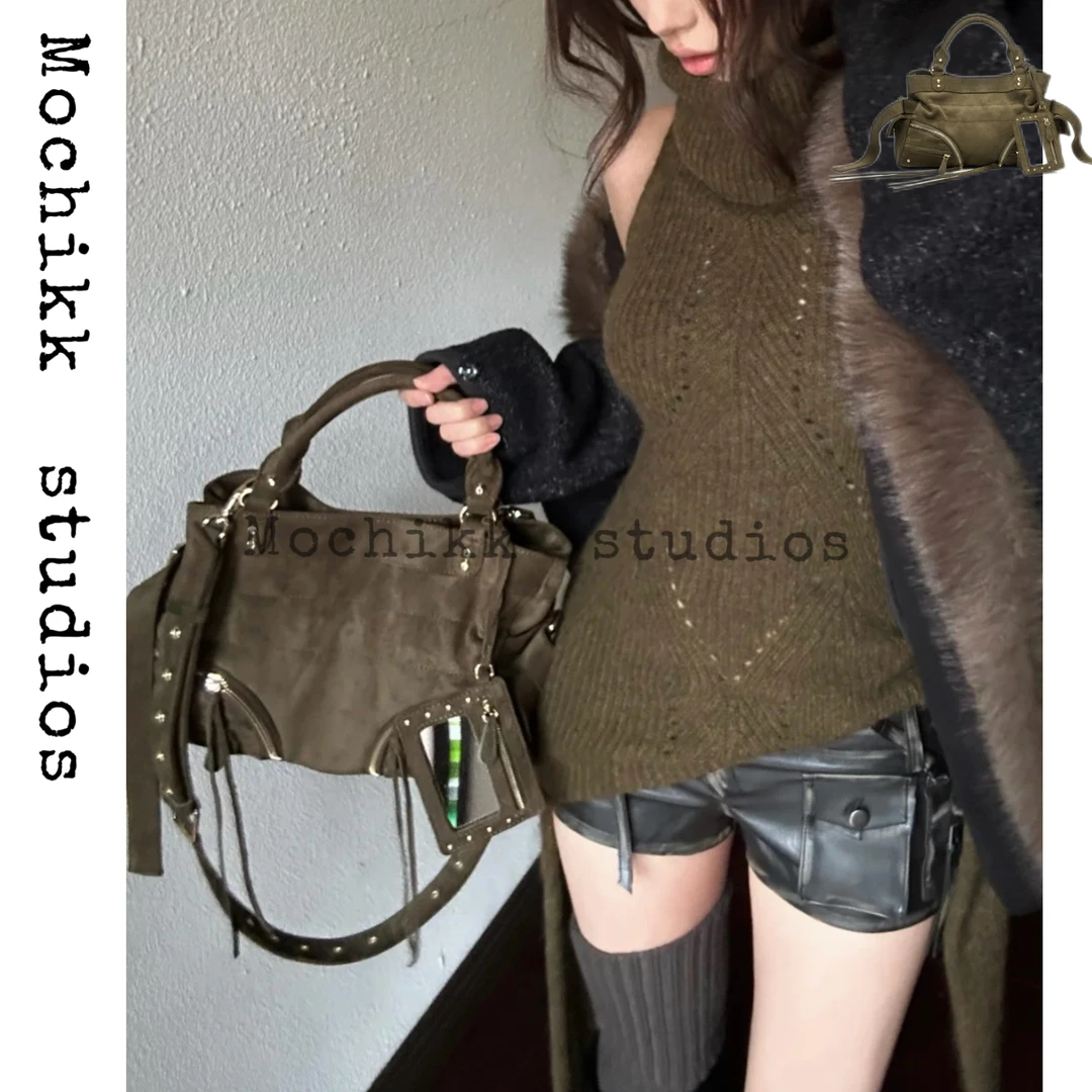 Mochikk暗绿色麂皮绒小众设计机车包 大容量手提包