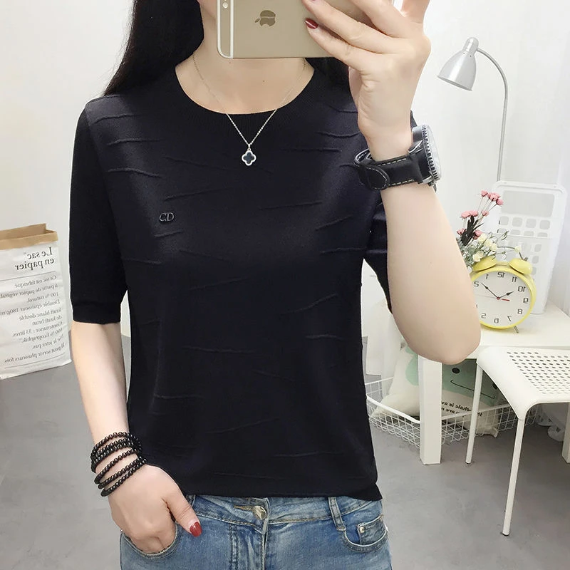 圆领冰丝短袖恤女宽松夏季新款韩版大码显瘦时尚刺绣上衣针织衫