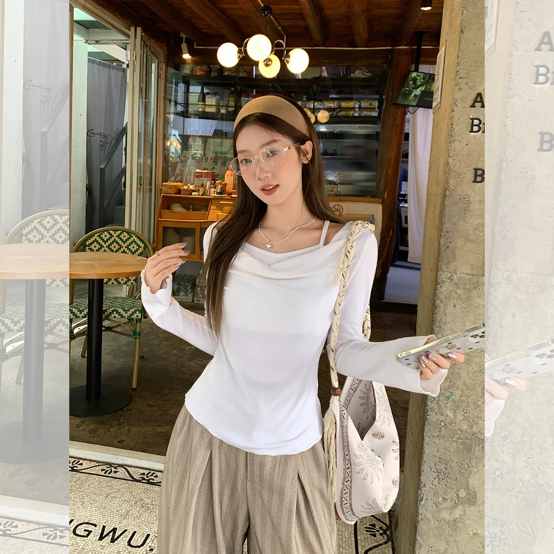 【现货】纯欲假两件荡领挂脖长袖T恤女秋季穿搭高级感修身内搭上衣