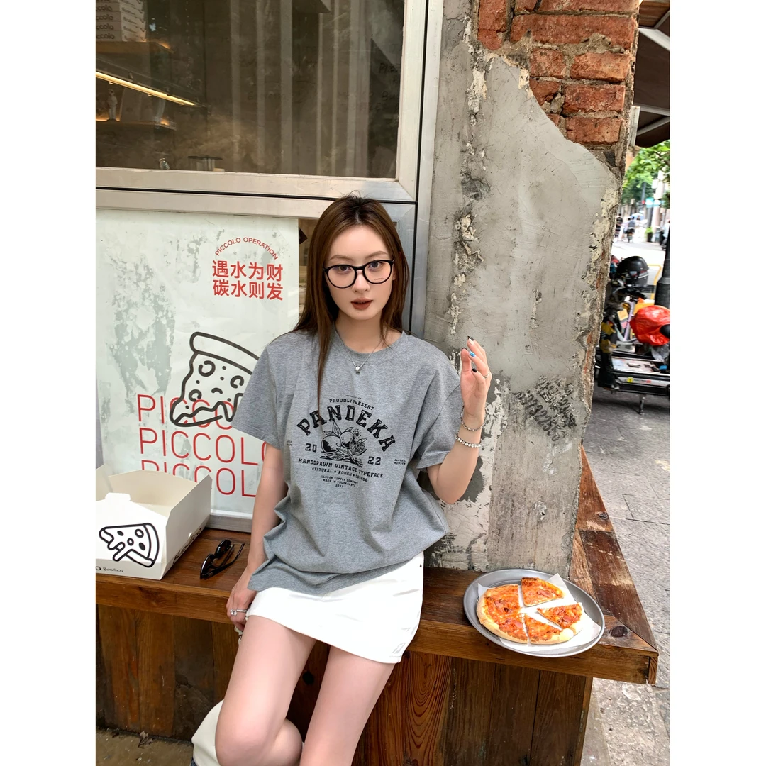 T恤女款早春新款2025韩版圆领字母印花宽松显瘦短袖减龄百搭上衣