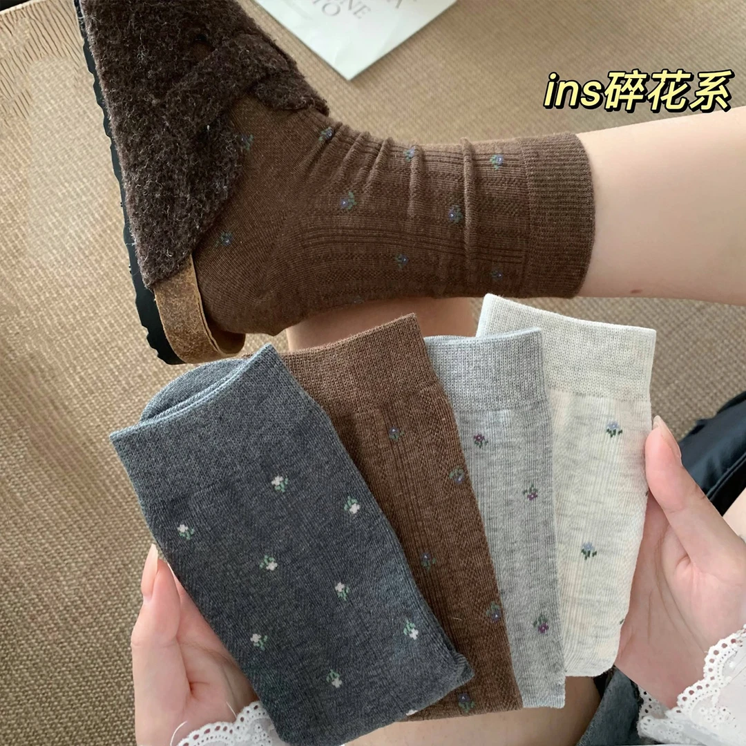 咖色袜子女中筒袜春秋款纯棉复古2025新款爆款秋冬灰色无骨堆堆袜
