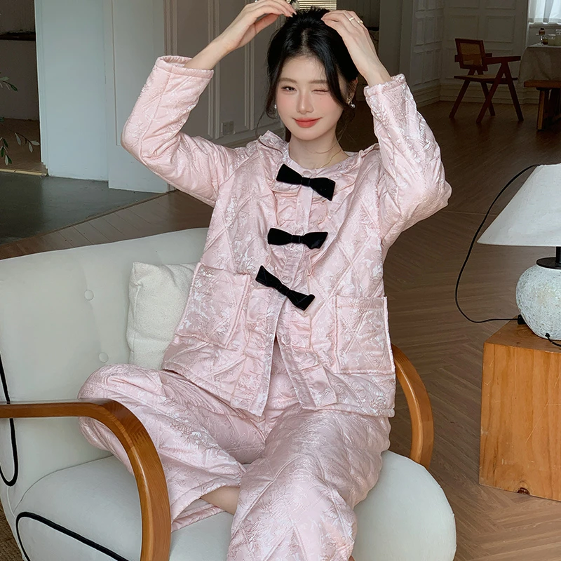 【时薇提花套装】2024年冬季夹棉睡衣套装保暖公主风女款家居服