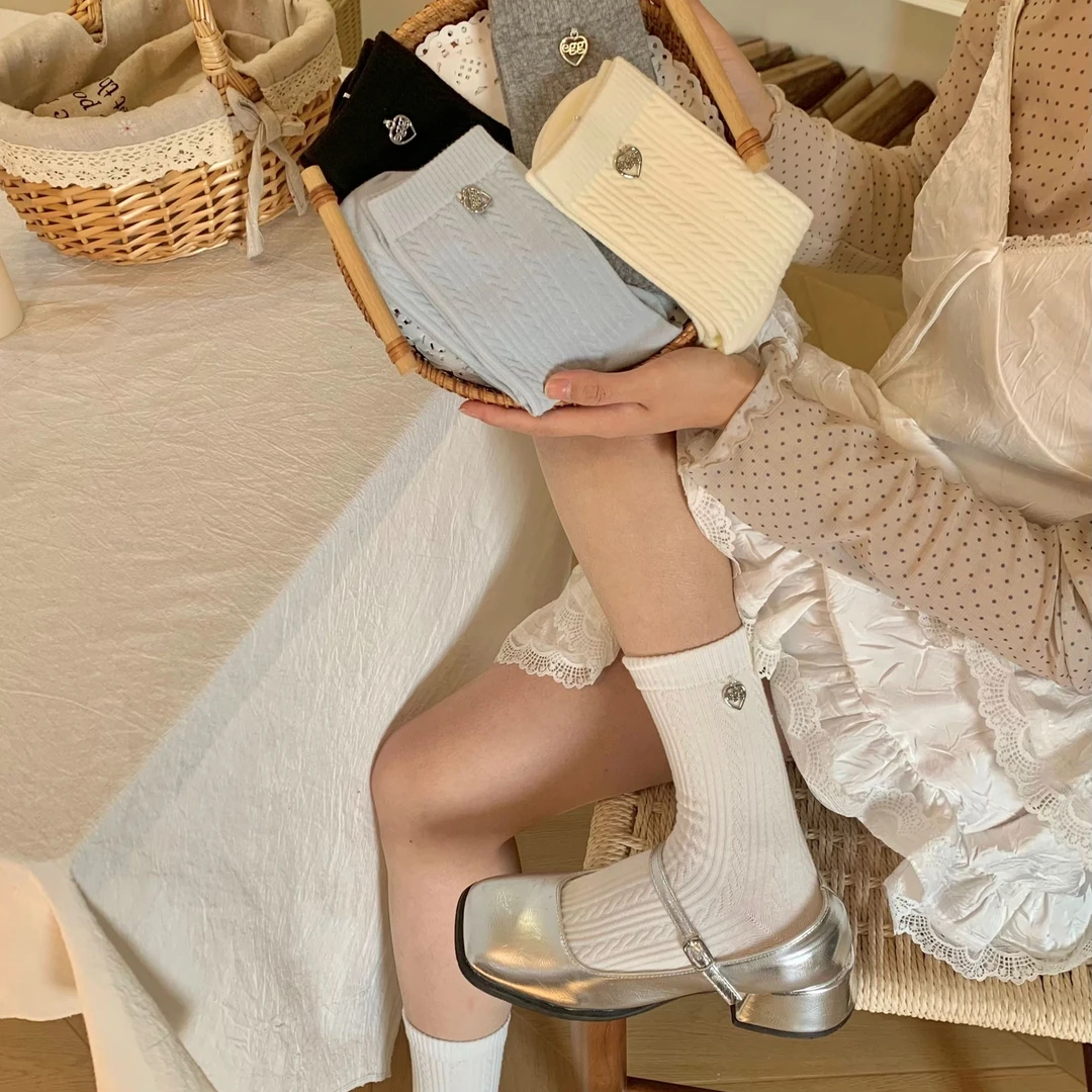 金属egg麻花袜子女士中筒袜棉袜ins韩系爱心纯色微压袜子