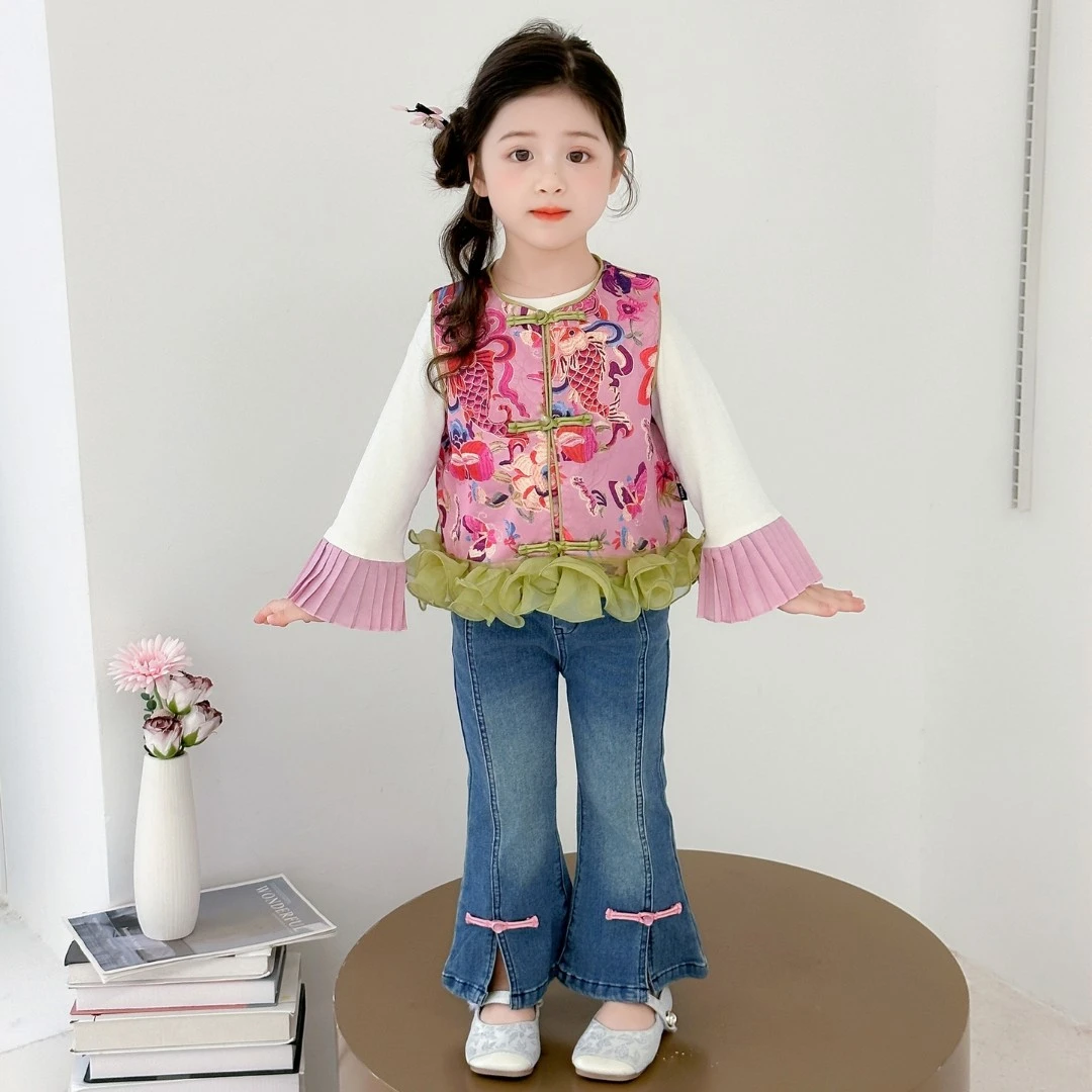 女童国风套装春秋款2025新款儿童新中式马甲洋气女宝锦鲤三件套潮