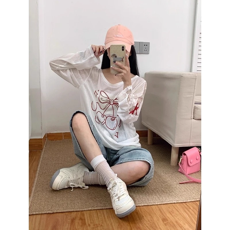 雪花棉韩系白色薄款蕾丝拼接长袖防晒罩衫女夏宽松慵懒风t恤上衣