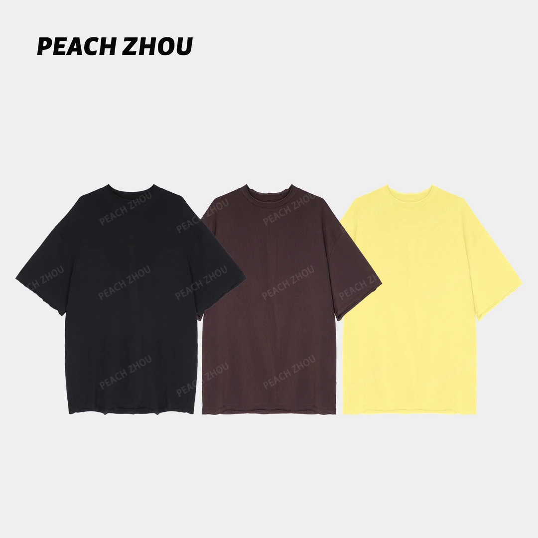 『PEACHZHOU』精梳棉丝滑双层散边宽松圆领阔版短袖休闲松驰卷边T恤