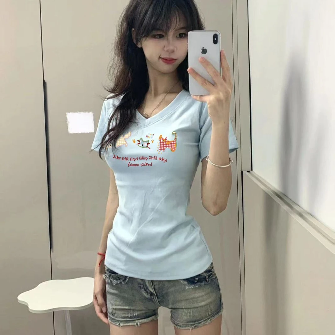 打底修身短袖夏季印花辣妹t恤韩版V领百搭女装短款显瘦上衣女ins