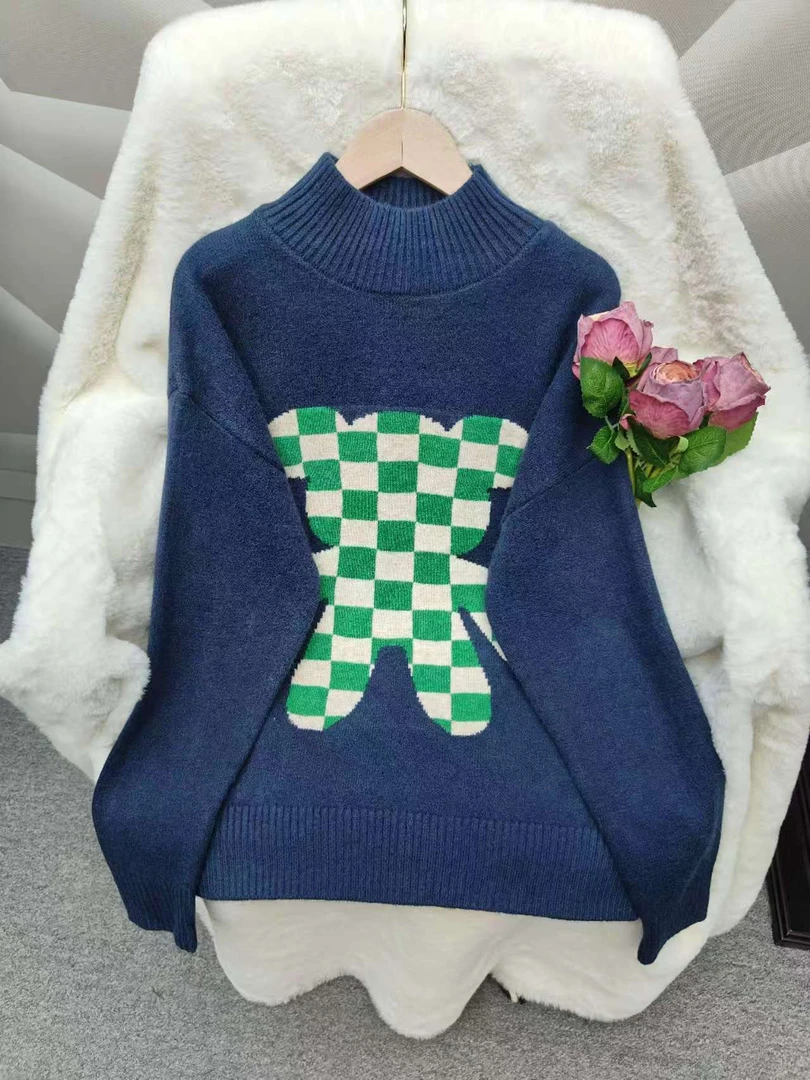 保暖高领圆领套头百搭卡通风冬季菱形毛衣秋冬针织衫
