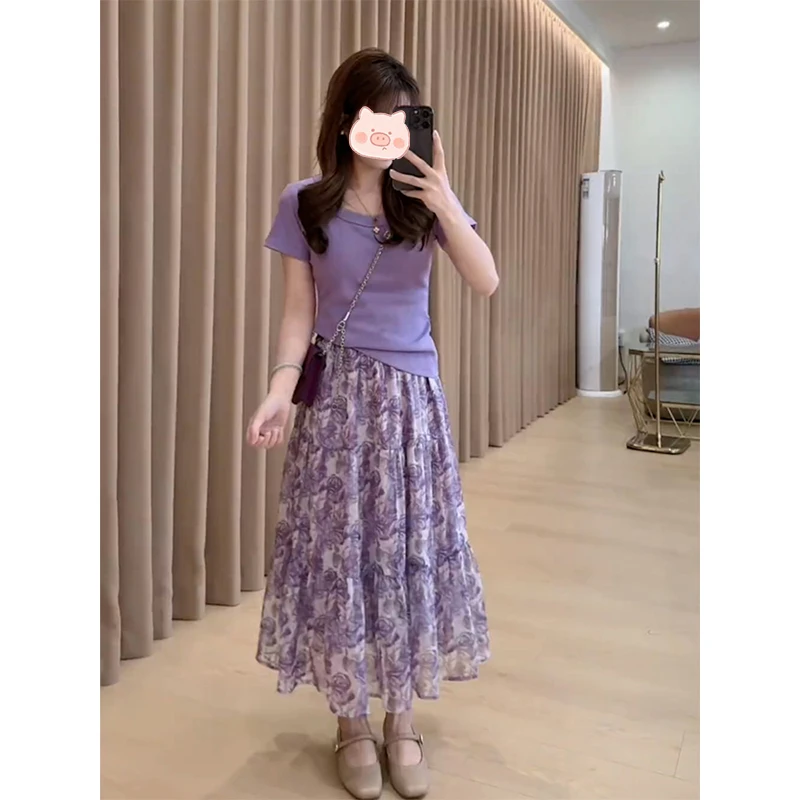 夏季爆款高级感洋气圆领短袖上衣女轻奢气质减龄碎花半身裙两件套